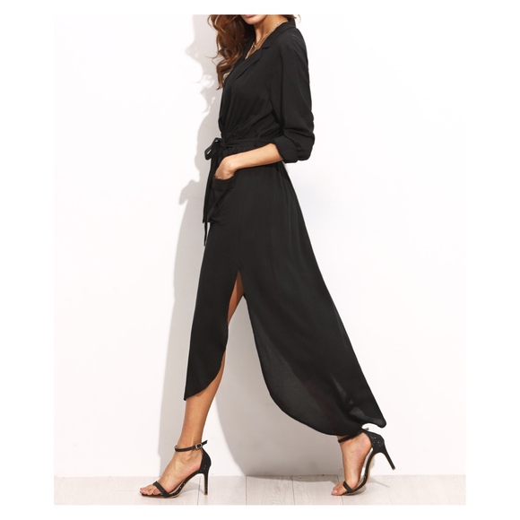 Black Button Down Maxi Shirt Dress Belted - Picture 2 of 7